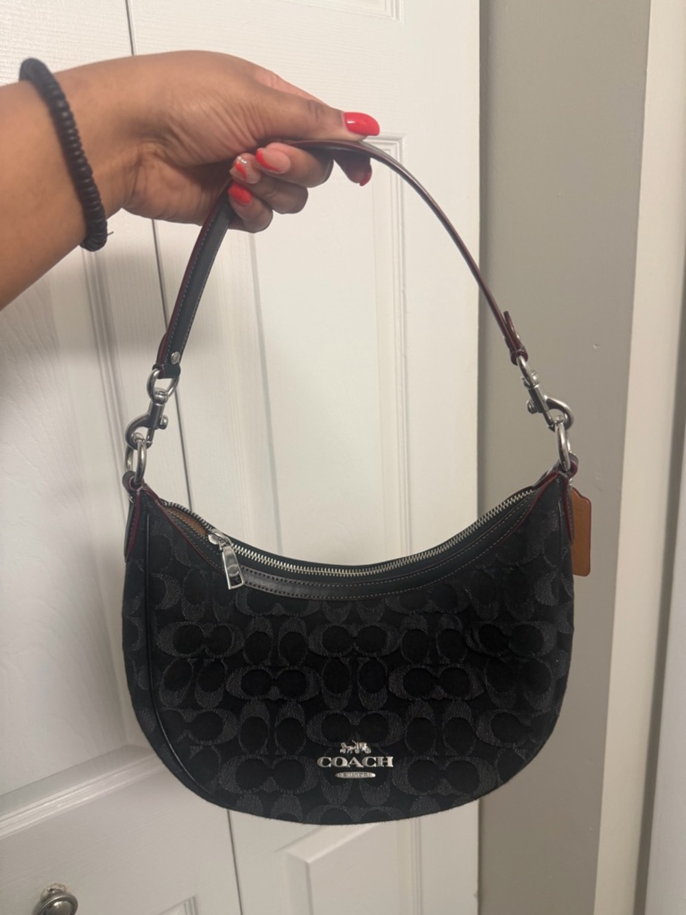 Coach Black Signature Crescent Shoulder Bag with Brown Strap